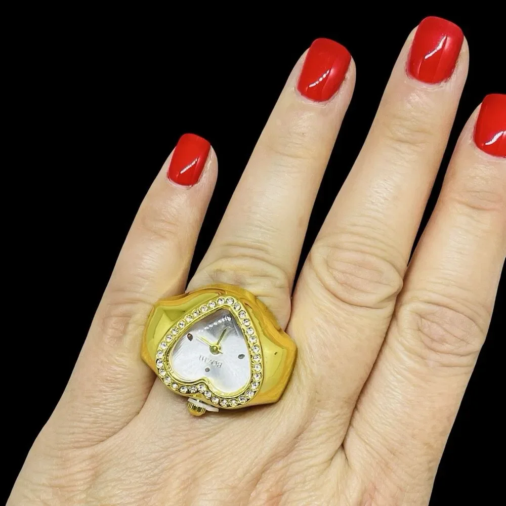 BOZHI Ring Watch Gold Heart Design With Crystals New